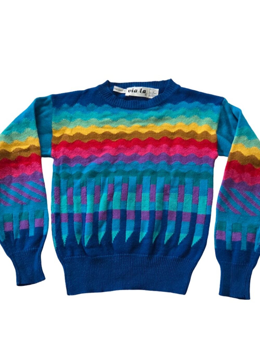 Vintage 80s Via LA Rainbow Geometric Sweater Womens S Colorful Retro Grandpa